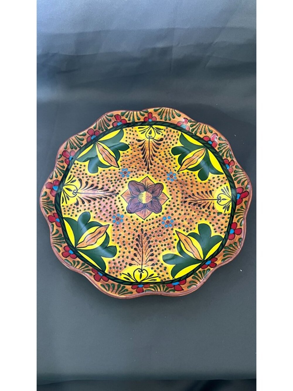 Hand-Painted Mexican Ceramic Scalloped Platter With Floral Design